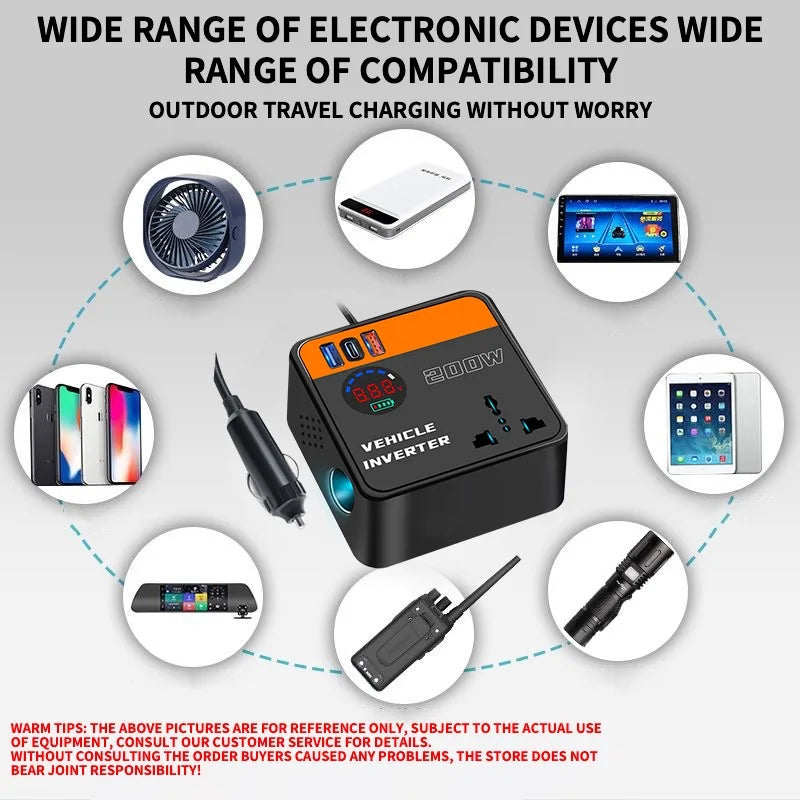 200W Car Inverter 12V 24V to 110V 220V Converter Fast Charging with Cigarette Lighter Plug Car Truck