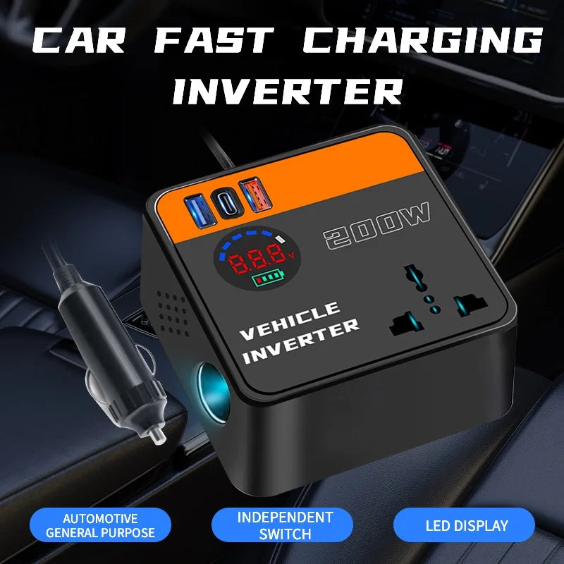 200W Car Inverter 12V 24V to 110V 220V Converter Fast Charging with Cigarette Lighter Plug Car Truck