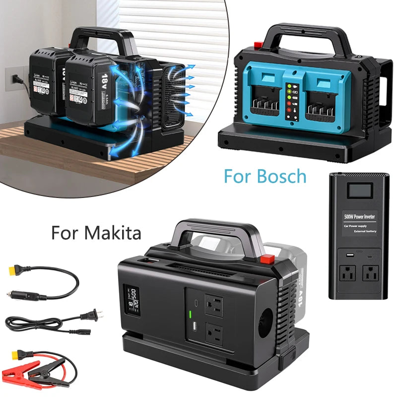NEW Power Inverter for Makita/Bosch 18V Battery 500W Pure Sine Wave 2-Ports Car Charger Plug Inverter Adapter for Camping Travel