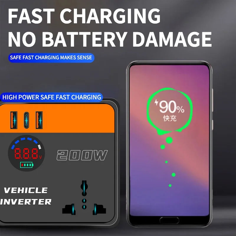200W Car Inverter 12V 24V to 110V 220V Converter Fast Charging with Cigarette Lighter Plug Car Truck