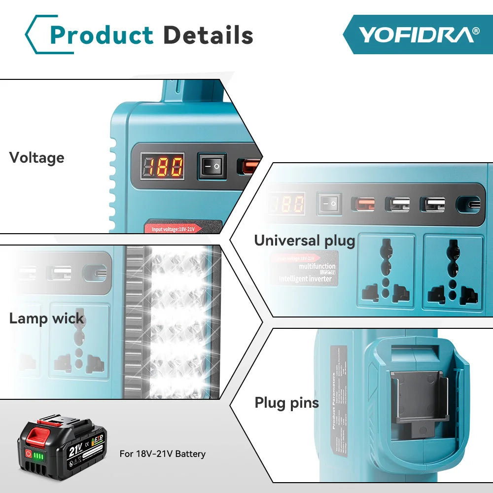 6 in 1 Power Inverter DC 18V to 220V Inverter Adapter Power Supply Inverter for Home Appliances for Makita Battery Pin