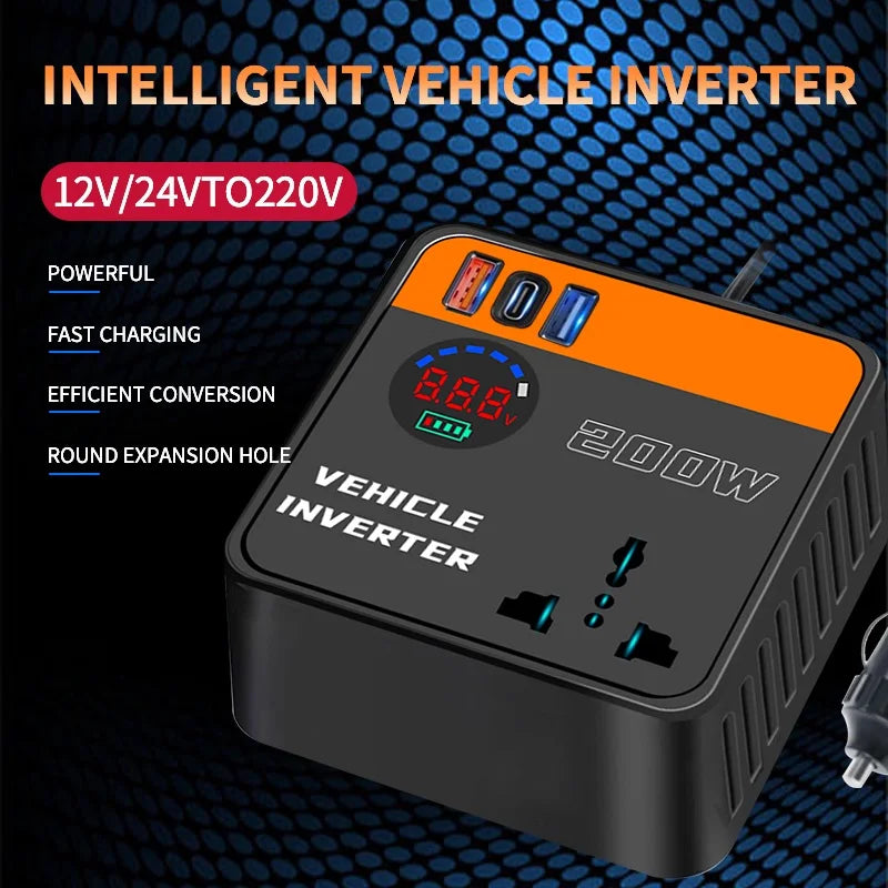 200W Car Inverter 12V 24V to 110V 220V Converter Fast Charging with Cigarette Lighter Plug Car Truck