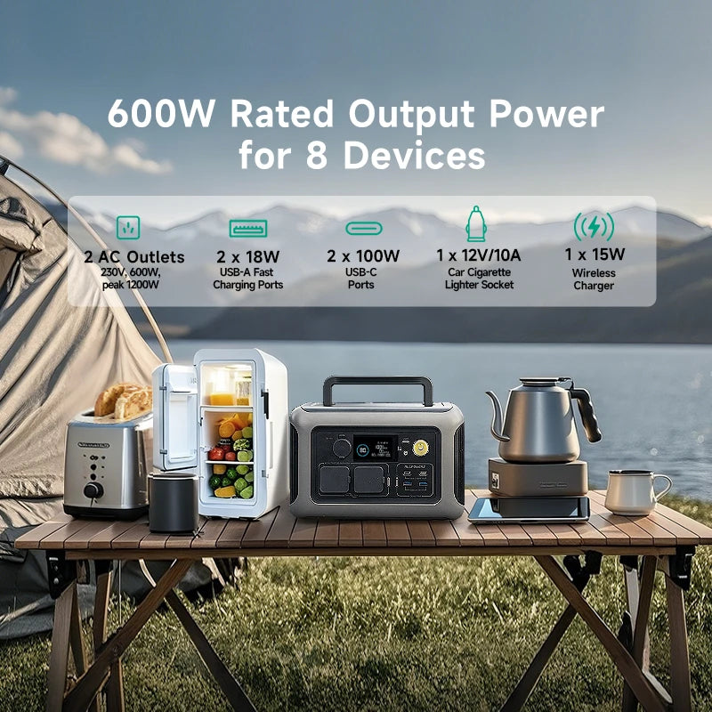 R600 Portable Power Station 600W 299Wh Lifepo4 Solar Generator with 2X600W (1200W Surge) AC Outlet for Camping RV Home